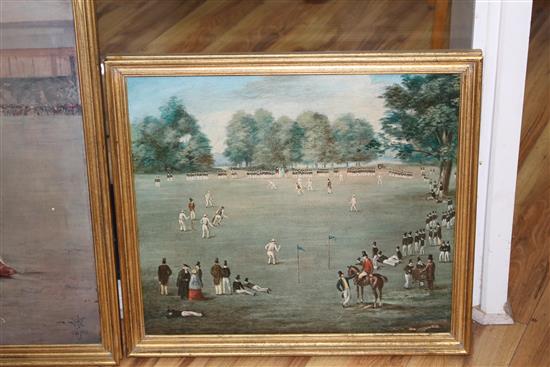 Six oileographs, all reproductions of famous early depictions of cricket, largest 51 x 74cm